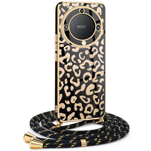 Frauen Mädchen Handykette Kompatibel mit Honor Magic 5 lite - Silikon Hülle mit Band - Handyhülle für Honor Magic 5 lite Leopard Design Galvanik - Hülle mit Kordel in Gold Leopard von Mkej