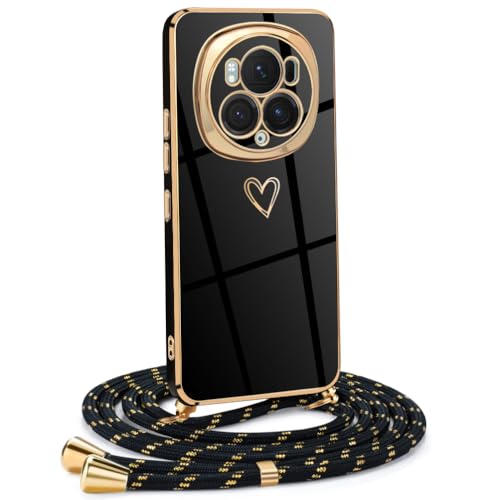 Frauen Mädchen Handykette Kompatibel mit Honor Magic 6 Pro 5G - Silikon Hülle mit Band - Handyhülle für Honor Magic 6 Pro 5G Herz Love Design Galvanik - in schwarzes Gold von Mkej