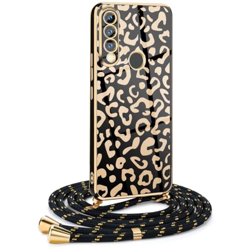 Frauen Mädchen Handykette Kompatibel mit Huawei P30 Lite - Silikon Hülle mit Band - Handyhülle für Huawei P30 Lite Leopard Design Galvanik - Hülle mit Kordel in Gold Leopard von Mkej