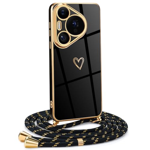Frauen Mädchen Handykette Kompatibel mit Huawei Pura 70 Pro - Silikon Hülle mit Band - Handyhülle für Huawei Pura 70 Pro Herz Love Design Galvanik - in schwarzes Gold von Mkej