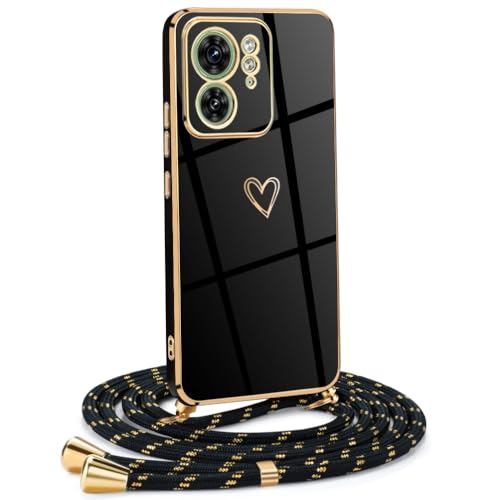 Frauen Mädchen Handykette Kompatibel mit Motorola Edge 40 5G - Silikon Hülle mit Band - Handyhülle für Motorola Edge 40 5G Herz Love Design Galvanik - in schwarzes Gold von Mkej