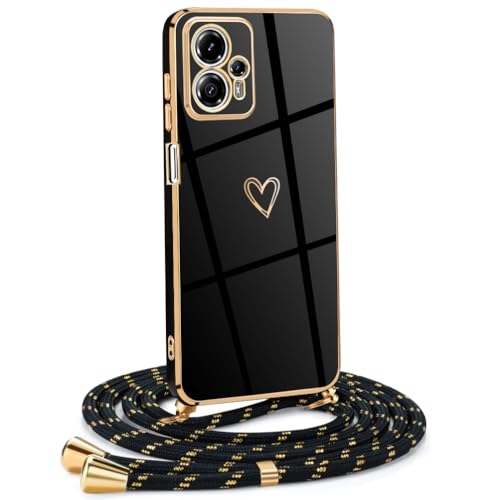 Frauen Mädchen Handykette Kompatibel mit Motorola Moto G13/ G23 4G - Silikon Hülle mit Band - Handyhülle für Motorola Moto G13/ G23 4G Herz Love Design Galvanik - in schwarzes Gold von Mkej