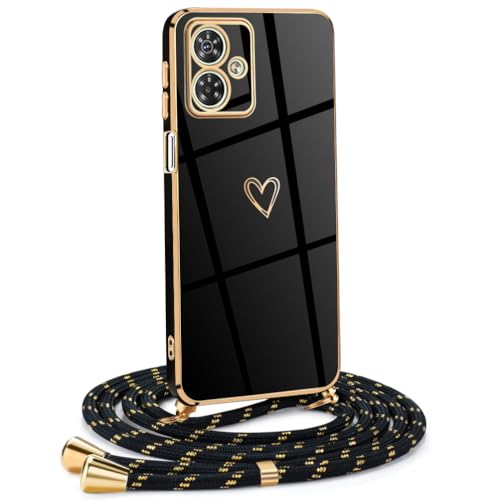 Frauen Mädchen Handykette Kompatibel mit Motorola Moto G54 5G - Silikon Hülle mit Band - Handyhülle für Motorola Moto G54 5G Herz Love Design Galvanik - in schwarzes Gold von Mkej