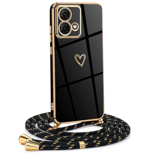 Frauen Mädchen Handykette Kompatibel mit Motorola Moto G84 5G - Silikon Hülle mit Band - Handyhülle für Motorola Moto G84 5G Herz Love Design Galvanik - in schwarzes Gold von Mkej