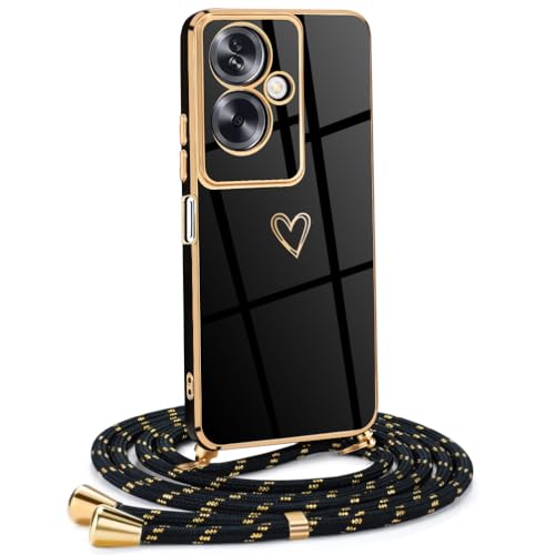 Frauen Mädchen Handykette Kompatibel mit Oppo A79 5G - Silikon Hülle mit Band - Handyhülle für Oppo A79 5G Herz Love Design Galvanik - in schwarzes Gold von Mkej