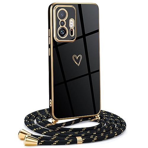 Frauen Mädchen Handykette Kompatibel mit Xiaomi 11T Pro 5G - Silikon Hülle mit Band - Handyhülle für Xiaomi 11T Pro 5G Herz Love Design Galvanik - in schwarzes Gold von Mkej