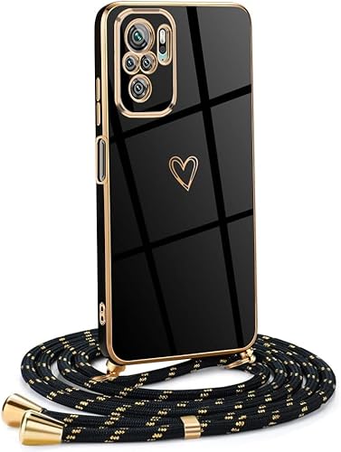 Frauen Mädchen Handykette Kompatibel mit Xiaomi Redmi Note 10 4G - Silikon Hülle mit Band - Handyhülle für Xiaomi Redmi Note 10 4G Herz Love Design Galvanik - in schwarzes Gold von Mkej