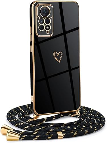 Frauen Mädchen Handykette Kompatibel mit Xiaomi Redmi Note 11 Pro 5G - Silikon Hülle mit Band - Handyhülle für Xiaomi Redmi Note 11 Pro 5G Herz Love Design Galvanik - in schwarzes Gold von Mkej