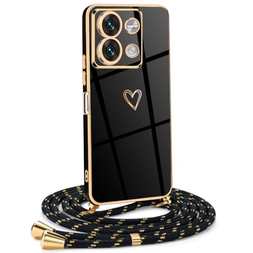 Frauen Mädchen Handykette Kompatibel mit Xiaomi Redmi Note 13 5G - Silikon Hülle mit Band - Handyhülle für Xiaomi Redmi Note 13 5G Herz Love Design Galvanik - in schwarzes Gold von Mkej