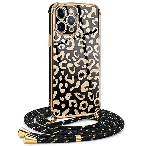 Frauen Mädchen Handykette Kompatibel mit iPhone 11 Pro - Silikon Hülle mit Band - Handyhülle für iPhone 11 Pro Leopard Design Galvanik - Hülle mit Kordel in Gold Leopard von Mkej