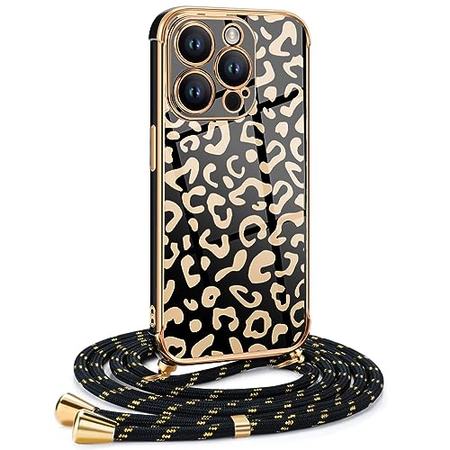 Frauen Mädchen Handykette Kompatibel mit iPhone 15 Pro Max - Silikon Hülle mit Band - Handyhülle für iPhone 15 Pro Max Leopard Design Galvanik - Hülle mit Kordel in Gold Leopard von Mkej