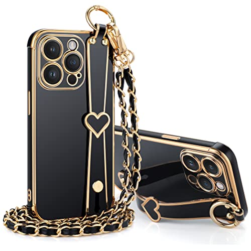 Mkej Frauen Handykette iPhone 14 Pro Hülle mit Verstellbarem Fingerhalter Ständer, Handyhülle mit Kette Abnehmbarem für iPhone 14 Pro Herz Love Design Galvanik Hülle-Schwarzes Gold von Mkej