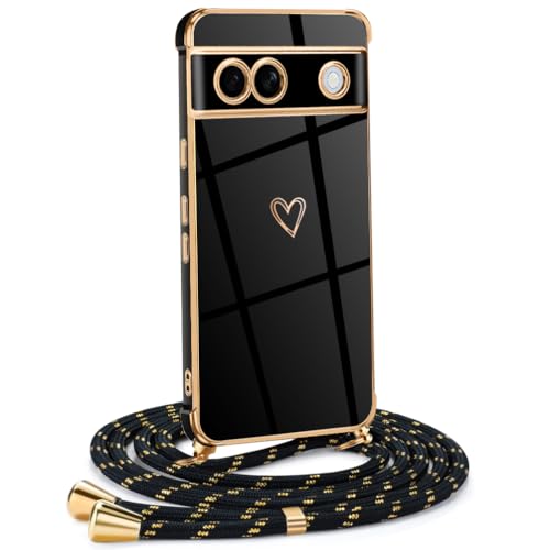 Mkej Frauen Mädchen Handykette Kompatibel mit Google Pixel 7A - Silikon Hülle mit Band - Handyhülle für Google Pixel 7A Herz Love Design Galvanik - Hülle mit Kordel in schwarzes Gold von Mkej