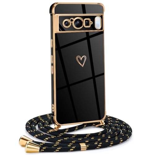 Mkej Frauen Mädchen Handykette Kompatibel mit Google Pixel 8 Pro - Silikon Hülle mit Band - Handyhülle für Google Pixel 8 Pro Herz Love Design Galvanik - Hülle mit Kordel in schwarzes Gold von Mkej