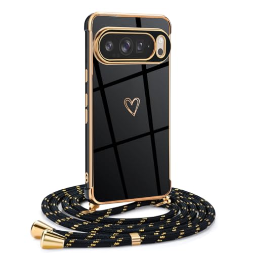 Mkej Frauen Mädchen Handykette Kompatibel mit Google Pixel 9 Pro XL - Silikon Hülle mit Band - Handyhülle für Google Pixel 9 Pro XL Herz Love Design Galvanik - Hülle mit Kordel in schwarzes Gold von Mkej