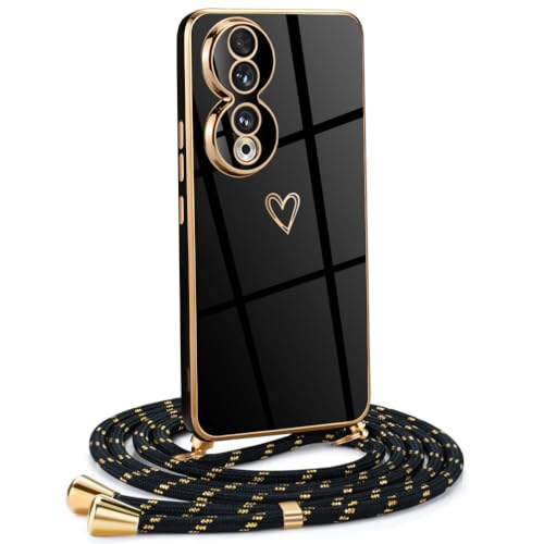 Mkej Frauen Mädchen Handykette Kompatibel mit Honor 90 - Silikon Hülle mit Band - Handyhülle für Honor 90 Herz Love Design Galvanik - Hülle mit Kordel in schwarzes Gold Mkej Frauen Mädchen Handykette Kompatibel mit Honor 90 - Silikon Hülle mit Band - Handyhülle für Honor 90 Herz Love Design Galvanik - Hülle mit Kordel in schwarzes Gold von Mkej