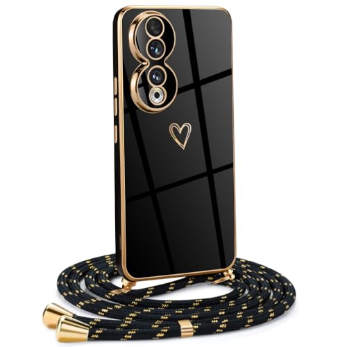 Mkej Frauen Mädchen Handykette Kompatibel mit Honor 90 - Silikon Hülle mit Band - Handyhülle für Honor 90 Herz Love Design Galvanik - Hülle mit Kordel in schwarzes Gold von Mkej