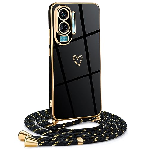 Mkej Frauen Mädchen Handykette Kompatibel mit Honor 90 lite - Silikon Hülle mit Band - Handyhülle für Honor 90 lite Herz Love Design Galvanik - Hülle mit Kordel in schwarzes Gold von Mkej