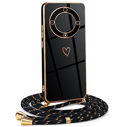 Mkej Frauen Mädchen Handykette Kompatibel mit Honor Magic 5 lite 5G - Silikon Hülle mit Band - Handyhülle für Honor Magic 5 lite 5G Herz Love Design Galvanik - Hülle mit Kordel in schwarzes Gold von Mkej