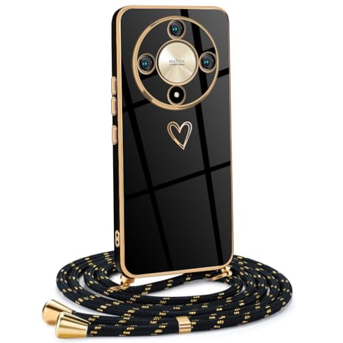 Mkej Frauen Mädchen Handykette Kompatibel mit Honor Magic 6 Lite 5G - Silikon Hülle mit Band - Handyhülle für Honor Magic 6 Lite 5G Herz Love Design Galvanik - Hülle mit Kordel in schwarzes Gold von Mkej