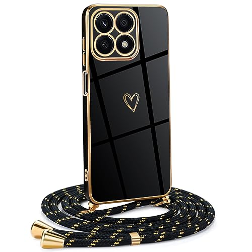 Mkej Frauen Mädchen Handykette Kompatibel mit Honor X8A - Silikon Hülle mit Band - Handyhülle für Honor X8A Herz Love Design Galvanik - Hülle mit Kordel in schwarzes Gold Mkej Frauen Mädchen Handykette Kompatibel mit Honor X8A - Silikon Hülle mit Band - Handyhülle für Honor X8A Herz Love Design Galvanik - Hülle mit Kordel in schwarzes Gold von Mkej
