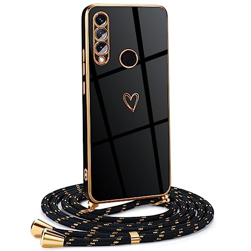 Mkej Frauen Mädchen Handykette Kompatibel mit Huawei P30 Lite - Silikon Hülle mit Band - Handyhülle für Huawei P30 Lite Herz Love Design Galvanik - Hülle mit Kordel in schwarzes Gold Mkej Frauen Mädchen Handykette Kompatibel mit Huawei P30 Lite - Silikon Hülle mit Band - Handyhülle für Huawei P30 Lite Herz Love Design Galvanik - Hülle mit Kordel in schwarzes Gold von Mkej
