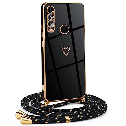 Mkej Frauen Mädchen Handykette Kompatibel mit Huawei P30 Lite - Silikon Hülle mit Band - Handyhülle für Huawei P30 Lite Herz Love Design Galvanik - Hülle mit Kordel in schwarzes Gold von Mkej