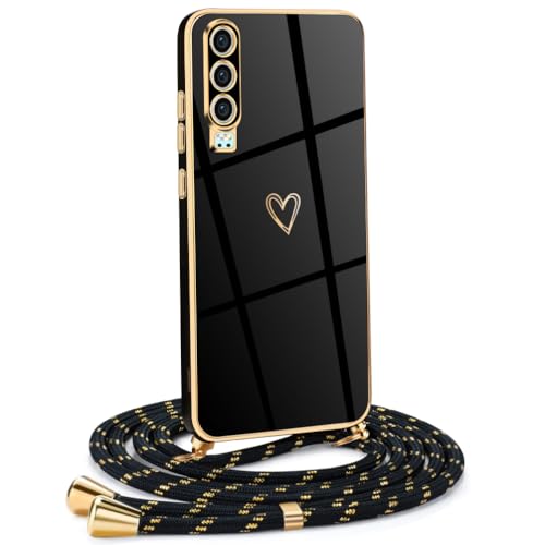 Mkej Frauen Mädchen Handykette Kompatibel mit Huawei P30 - Silikon Hülle mit Band - Handyhülle für Huawei P30 Herz Love Design Galvanik - Hülle mit Kordel in schwarzes Gold von Mkej