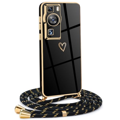 Mkej Frauen Mädchen Handykette Kompatibel mit Huawei P60 Pro - Silikon Hülle mit Band - Handyhülle für Huawei P60 Pro Herz Love Design Galvanik - Hülle mit Kordel in schwarzes Gold von Mkej