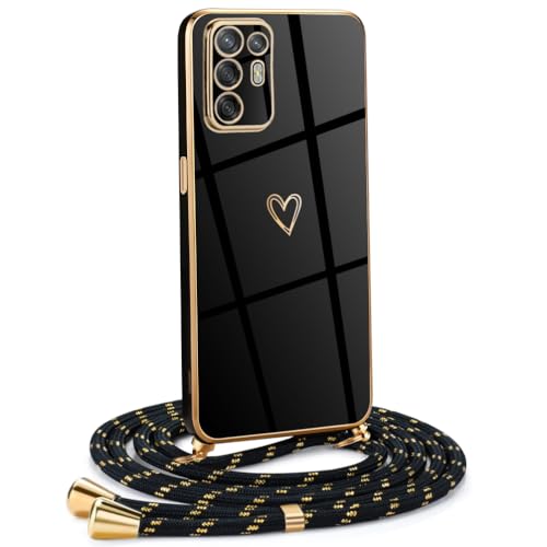 Mkej Frauen Mädchen Handykette Kompatibel mit Oppo A94 5G - Silikon Hülle mit Band - Handyhülle für Oppo A94 5G Herz Love Design Galvanik - Hülle mit Kordel in schwarzes Gold von Mkej