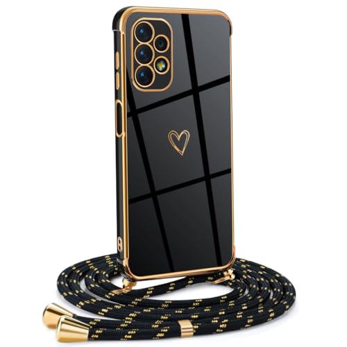 Mkej Frauen Mädchen Handykette Kompatibel mit Samsung Galaxy A13 4G - Silikon Hülle mit Band - Handyhülle für Samsung A13 4G Herz Love Design Galvanik - Hülle mit Kordel in schwarzes Gold Mkej Frauen Mädchen Handykette Kompatibel mit Samsung Galaxy A13 4G - Silikon Hülle mit Band - Handyhülle für Samsung A13 4G Herz Love Design Galvanik - Hülle mit Kordel in schwarzes Gold von Mkej