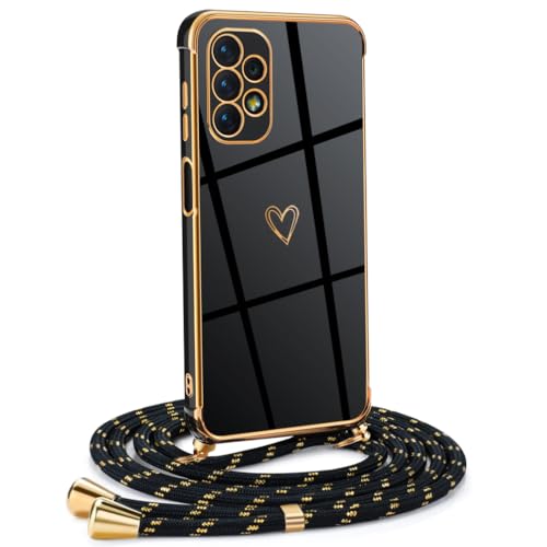 Mkej Frauen Mädchen Handykette Kompatibel mit Samsung Galaxy A13 4G - Silikon Hülle mit Band - Handyhülle für Samsung A13 4G Herz Love Design Galvanik - Hülle mit Kordel in schwarzes Gold von Mkej