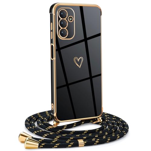 Mkej Frauen Mädchen Handykette Kompatibel mit Samsung Galaxy A14 5G - Silikon Hülle mit Band - Handyhülle für Samsung Galaxy A14 5G Herz Love Design Galvanik - Hülle mit Kordel in schwarzes Gold von Mkej