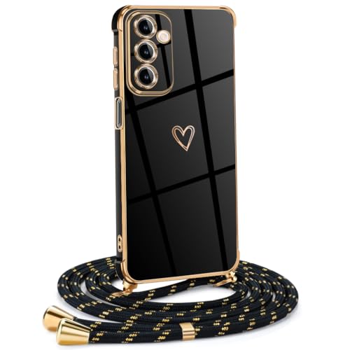 Mkej Frauen Mädchen Handykette Kompatibel mit Samsung Galaxy A15 5G - Silikon Hülle mit Band - Handyhülle für Samsung Galaxy A15 5G Herz Love Design Galvanik - Hülle mit Kordel in schwarzes Gold von Mkej