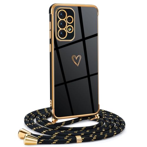 Mkej Frauen Mädchen Handykette Kompatibel mit Samsung Galaxy A33 5G - Silikon Hülle mit Band - Handyhülle für Samsung A33 5G Herz Love Design Galvanik - Hülle mit Kordel in schwarzes Gold von Mkej