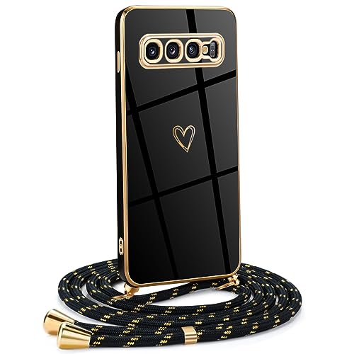 Mkej Frauen Mädchen Handykette Kompatibel mit Samsung Galaxy S10 4G - Silikon Hülle mit Band - Handyhülle für Samsung S10 4G Herz Love Design Galvanik - Hülle mit Kordel in schwarzes Gold Mkej Frauen Mädchen Handykette Kompatibel mit Samsung Galaxy S10 4G - Silikon Hülle mit Band - Handyhülle für Samsung S10 4G Herz Love Design Galvanik - Hülle mit Kordel in schwarzes Gold von Mkej