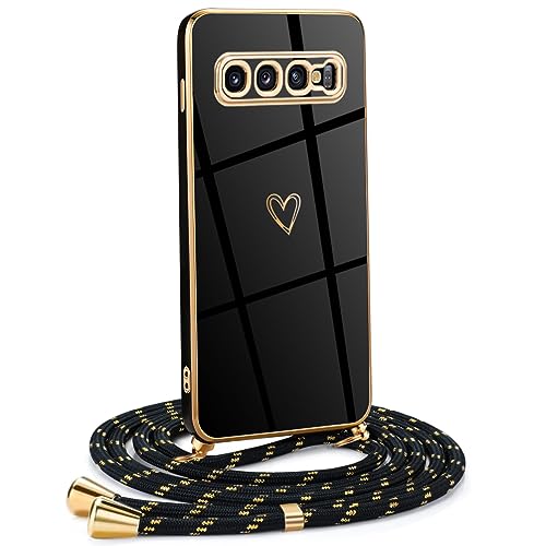 Mkej Frauen Mädchen Handykette Kompatibel mit Samsung Galaxy S10 4G - Silikon Hülle mit Band - Handyhülle für Samsung S10 4G Herz Love Design Galvanik - Hülle mit Kordel in schwarzes Gold von Mkej