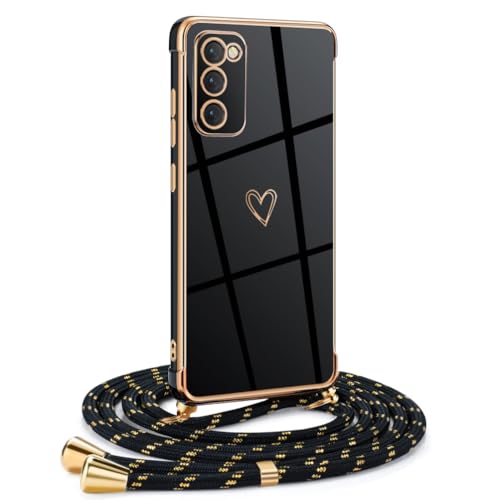 Mkej Frauen Mädchen Handykette Kompatibel mit Samsung Galaxy S20 FE 4G/5G - Silikon Hülle mit Band - Handyhülle für Samsung S20 FE 4G/5G Herz Love Design Galvanik - Hülle mit Kordel in schwarzes Gold von Mkej