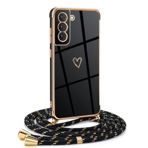 Mkej Frauen Mädchen Handykette Kompatibel mit Samsung Galaxy S21 FE - Silikon Hülle mit Band - Handyhülle für Samsung Galaxy S21 FE Herz Love Design Galvanik - Hülle mit Kordel in schwarzes Gold von Mkej