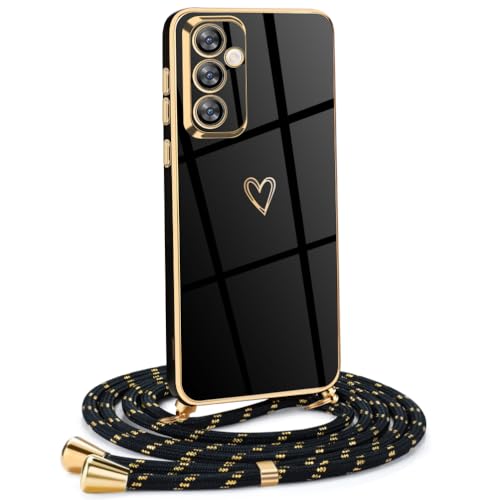 Mkej Frauen Mädchen Handykette Kompatibel mit Samsung Galaxy S23 FE - Silikon Hülle mit Band - Handyhülle für Samsung S23 FE Herz Love Design Galvanik - Hülle mit Kordel in schwarzes Gold von Mkej
