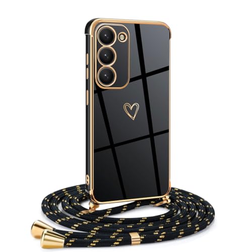 Mkej Frauen Mädchen Handykette Kompatibel mit Samsung Galaxy S23 - Silikon Hülle mit Band - Handyhülle für Samsung Galaxy S23 Herz Love Design Galvanik - Hülle mit Kordel in schwarzes Gold von Mkej