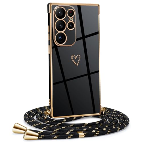 Mkej Frauen Mädchen Handykette Kompatibel mit Samsung Galaxy S24 Ultra - Silikon Hülle mit Band - Handyhülle für Samsung S24 Ultra Herz Love Design Galvanik - Hülle mit Kordel in schwarzes Gold von Mkej