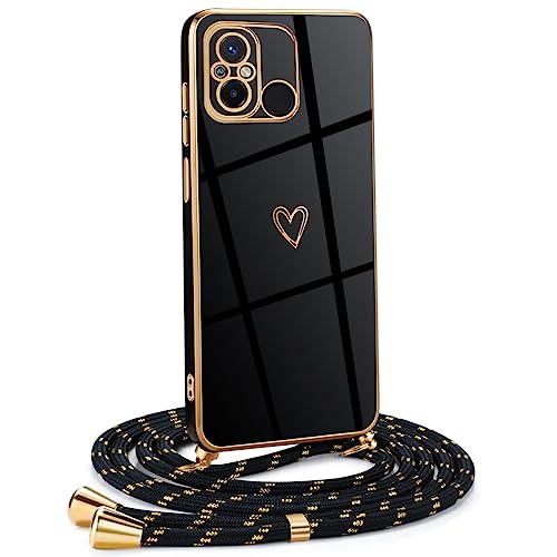 Mkej Frauen Mädchen Handykette Kompatibel mit Xiaomi Redmi 12C - Silikon Hülle mit Band - Handyhülle für Xiaomi Redmi 12C Herz Love Design Galvanik - Hülle mit Kordel in schwarzes Gold von Mkej