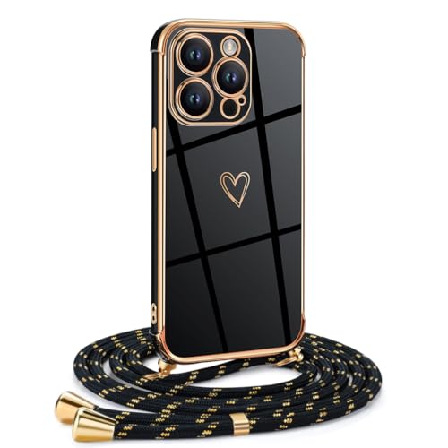 Mkej Frauen Mädchen Handykette Kompatibel mit iPhone 11 Pro - Silikon Hülle mit Band - Handyhülle für iPhone 11 Pro Herz Love Design Galvanik - Hülle mit Kordel in schwarzes Gold von Mkej