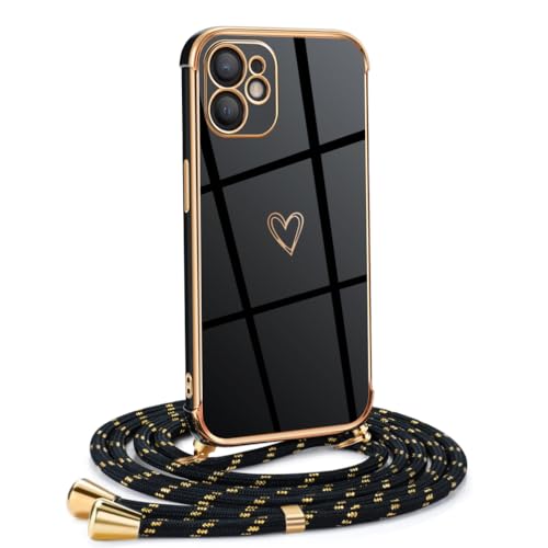 Mkej Frauen Mädchen Handykette Kompatibel mit iPhone 11 - Silikon Hülle mit Band - Handyhülle für iPhone 11 Herz Love Design Galvanik - Hülle mit Kordel in schwarzes Gold von Mkej