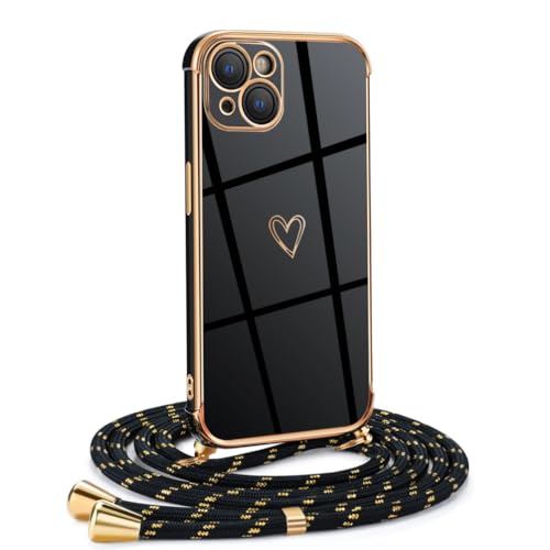 Mkej Frauen Mädchen Handykette Kompatibel mit iPhone 14 - Silikon Hülle mit Band - Handyhülle für iPhone 14 Herz Love Design Galvanik - Hülle mit Kordel in schwarzes Gold Mkej Frauen Mädchen Handykette Kompatibel mit iPhone 14 - Silikon Hülle mit Band - Handyhülle für iPhone 14 Herz Love Design Galvanik - Hülle mit Kordel in schwarzes Gold von Mkej