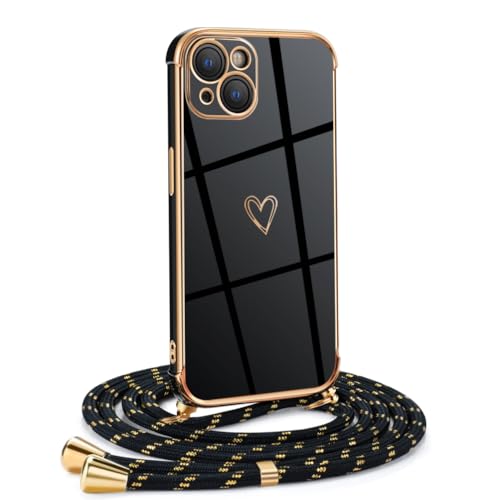 Mkej Frauen Mädchen Handykette Kompatibel mit iPhone 14 - Silikon Hülle mit Band - Handyhülle für iPhone 14 Herz Love Design Galvanik - Hülle mit Kordel in schwarzes Gold von Mkej