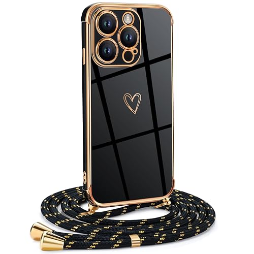 Mkej Frauen Mädchen Handykette Kompatibel mit iPhone 15 Pro Max - Silikon Hülle mit Band - Handyhülle für iPhone 15 Pro Max Herz Love Design Galvanik - Hülle mit Kordel in schwarzes Gold von Mkej