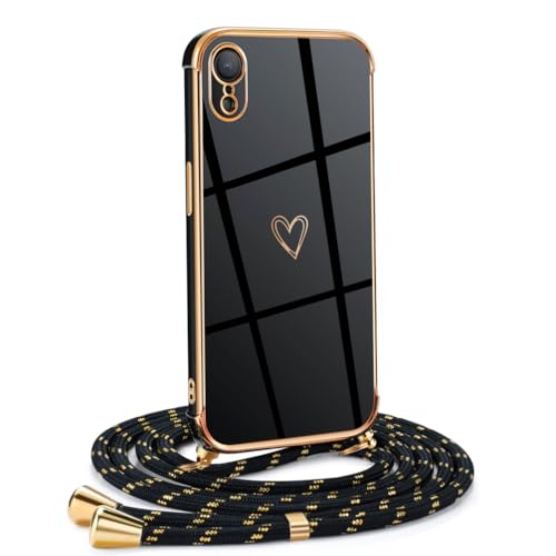 Mkej Frauen Mädchen Handykette Kompatibel mit iPhone XR - Silikon Hülle mit Band - Handyhülle für iPhone XR Herz Love Design Galvanik - Hülle mit Kordel in schwarzes Gold von Mkej