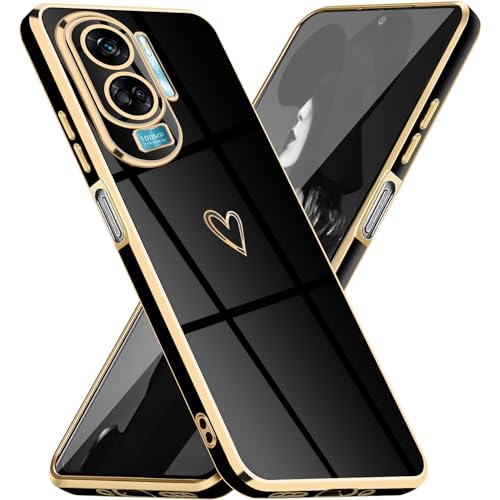 Mkej Glitzernde Handyhülle Für Honor 90 Lite Hülle mit Kameraobjektivschutz, Herz Love Design Galvanik Stoßfeste Dünne TPU Silikon Schutzhülle für Honor 90 Lite, Schwarz Gold von Mkej